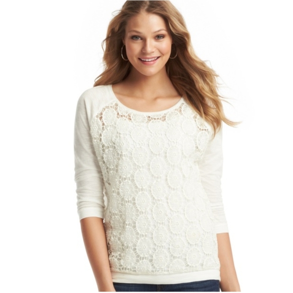 LOFT Tops - ANN TAYLOR LOFT WHITE CROCHET LACE FRONT TEE SZ L